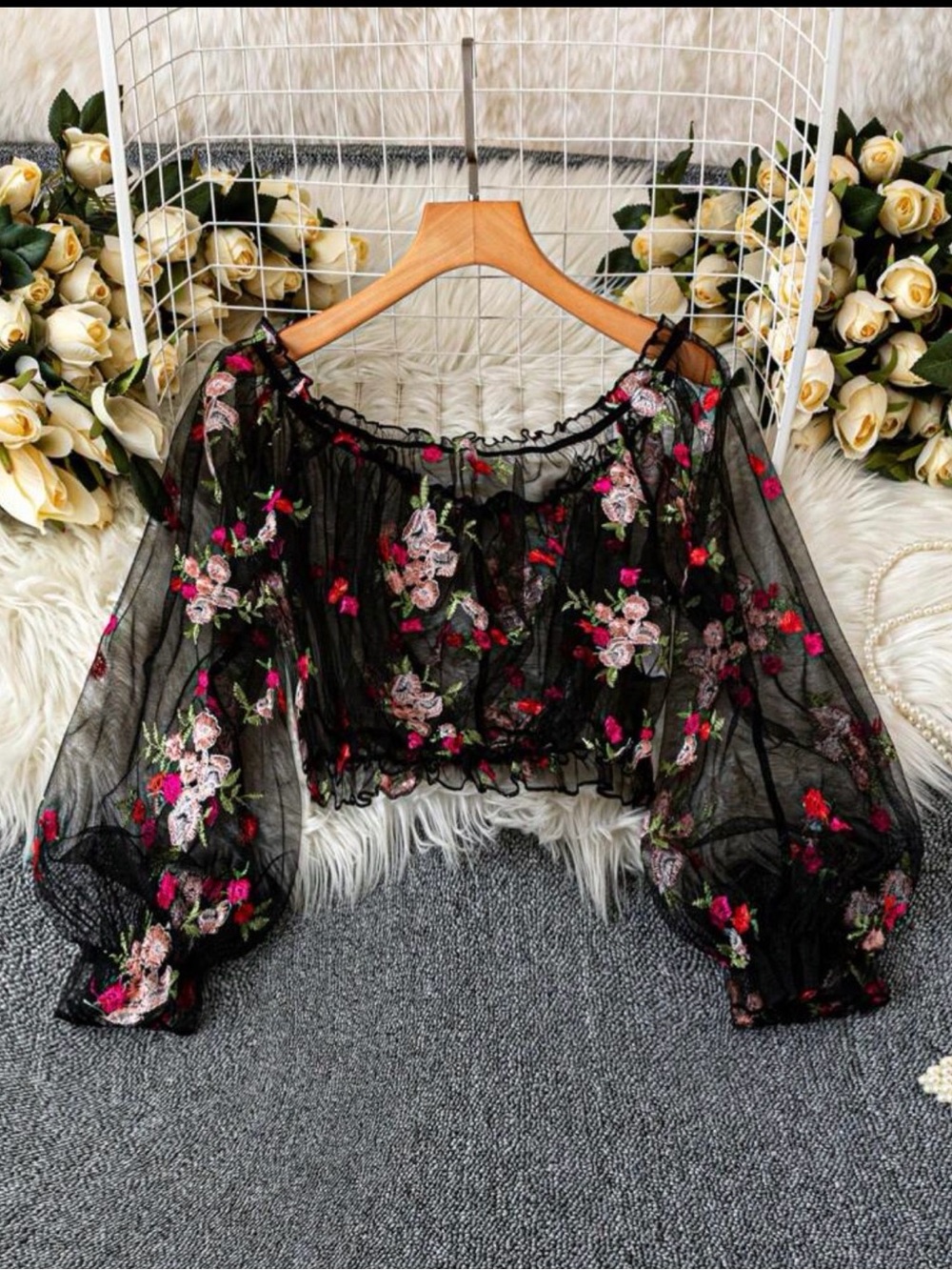 Sheer Black Floral Embroidered Off-Shoulder Crop Top